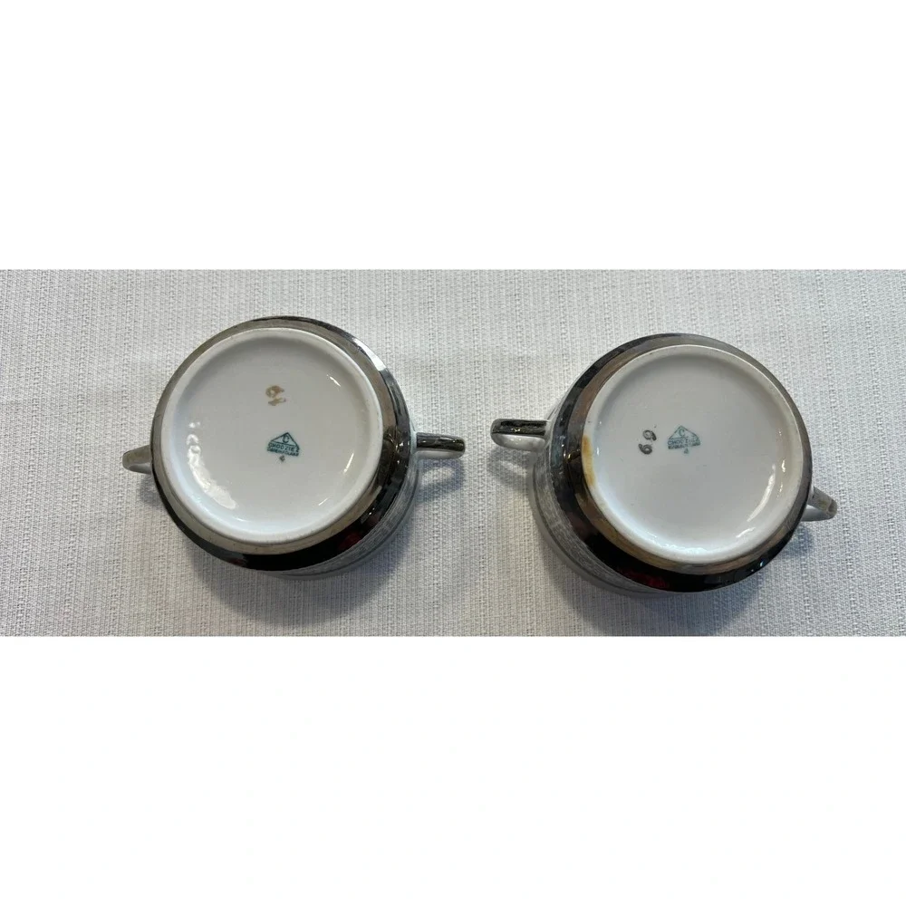 Chodziez Poland Porcelain Bouillon Cups Set‎ of 2 Black White Floral Silver Trim